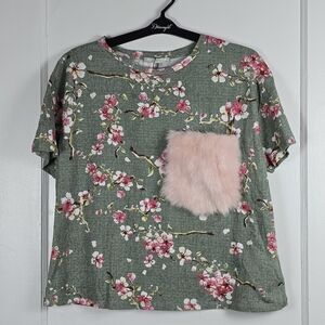 NWT Zara Trafaluc Green Cherry Blossom Tee Pink Fuzzy Pocket Size S